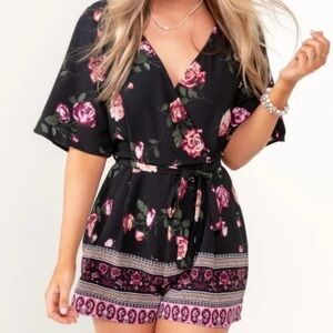 Boutique bohemian boho Romper floral Rose’s black and pink